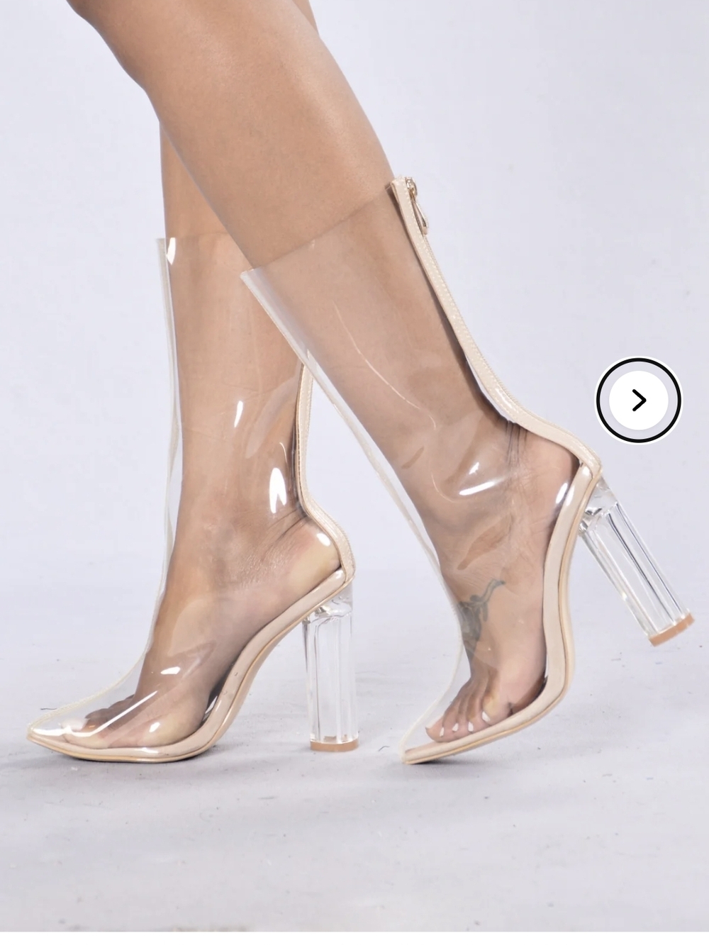 Clear PVC Knee-High Block Heel Boots in Beige Trim
